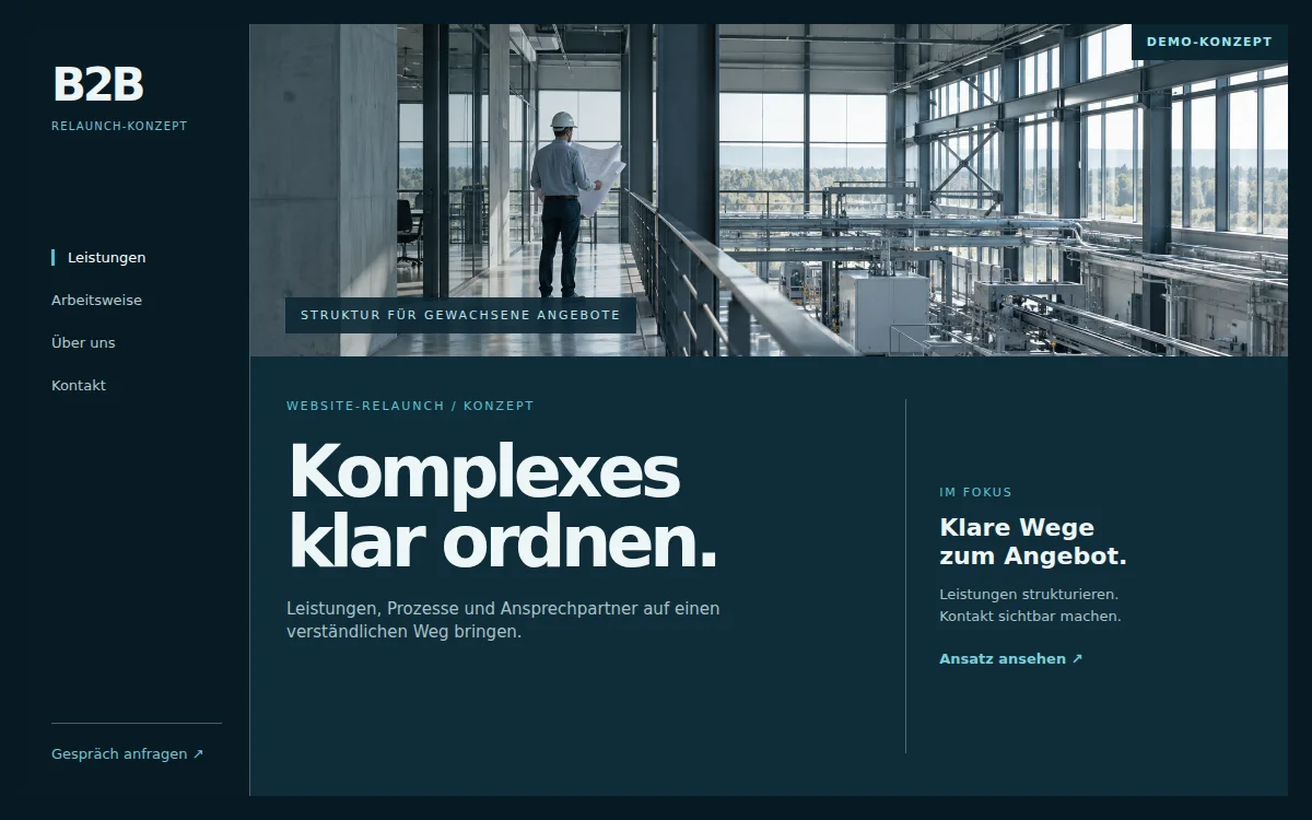 Demo-Konzept einer B2B-Website mit Industrieaufnahme, Leistungsstruktur und Kontaktweg
