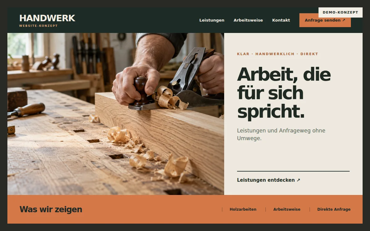 Demo-Konzept einer Handwerkswebsite mit Werkstattbild, Leistungsübersicht und Anfrageweg