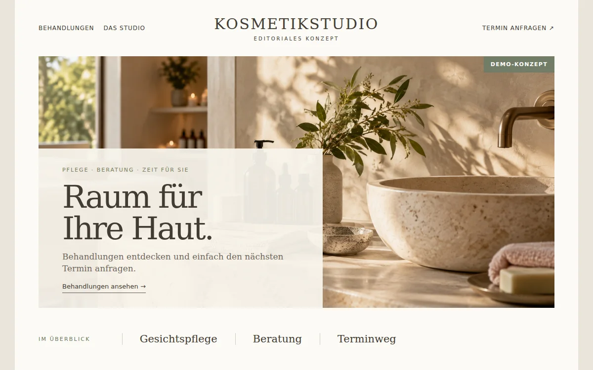Demo-Konzept einer Kosmetikstudio-Website mit Behandlungsübersicht und Terminweg